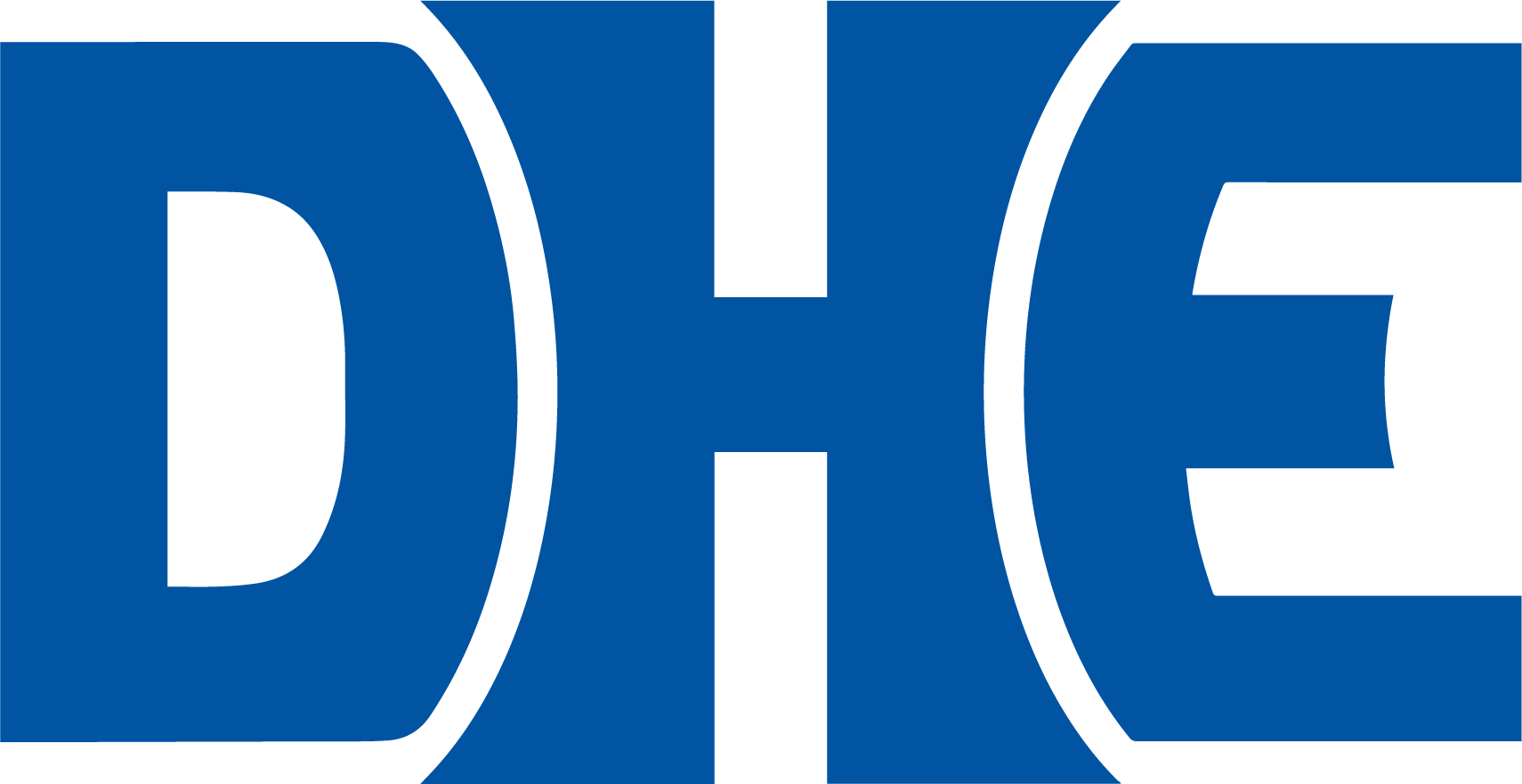 Large logo displaying the letters DHE in bold black and blue text, with each letter enclosed within blue arrows pointing outward.
