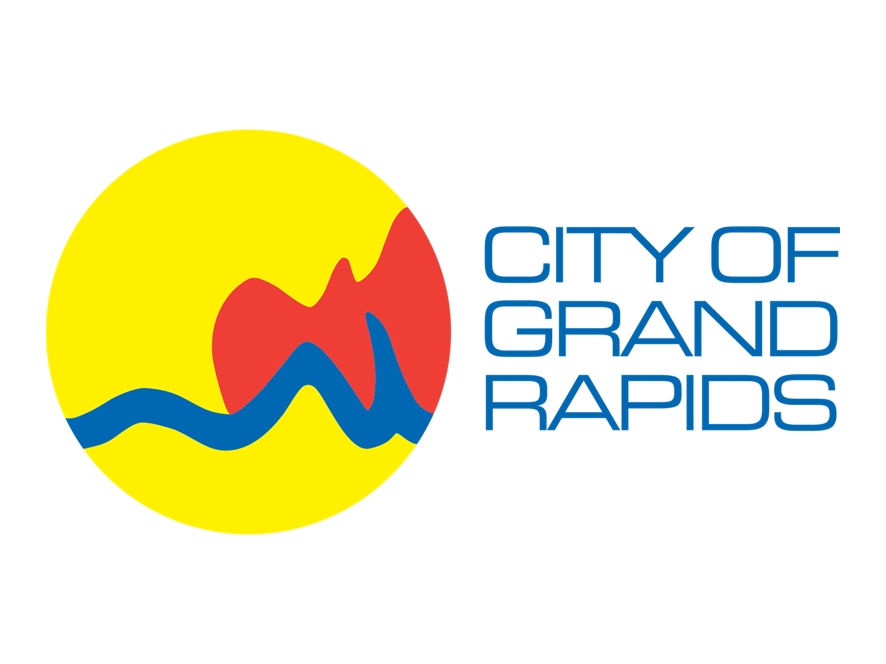 Logo for the City of Grand Rapids featuring a yellow circle with blue wavy lines and a red mountain shape, with the text "City of Grand Rapids" to the right.