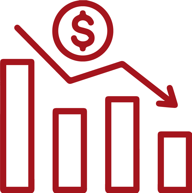 Red line graph declining with a dollar sign coin above, indicating a decrease in value or profits.