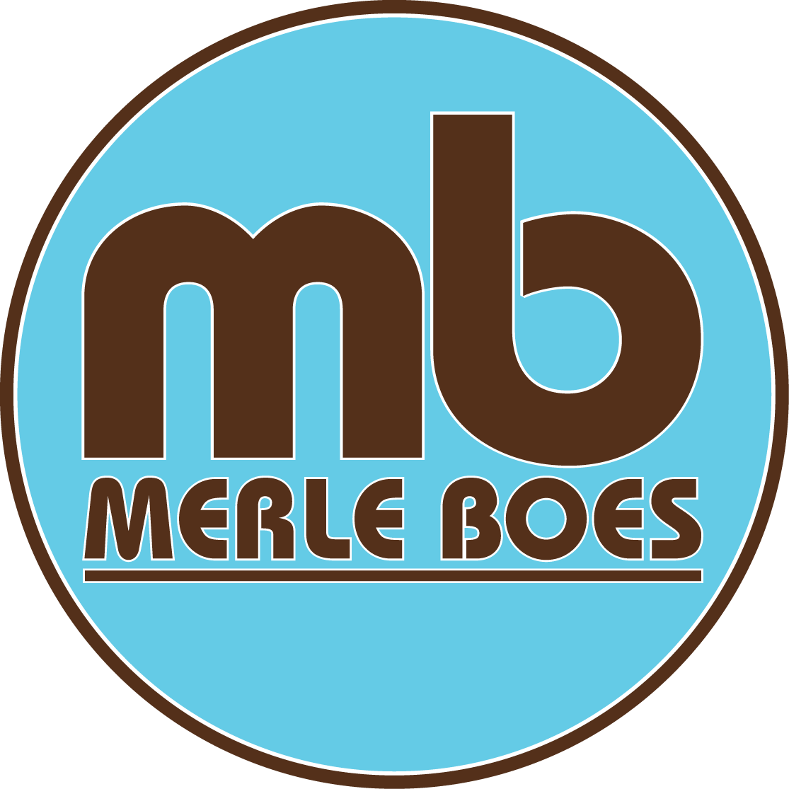 Logo for Merle Boes, featuring a blue circle with brown lowercase letters 'mb' and the text 'MERLE BOES' below, all outlined in white.