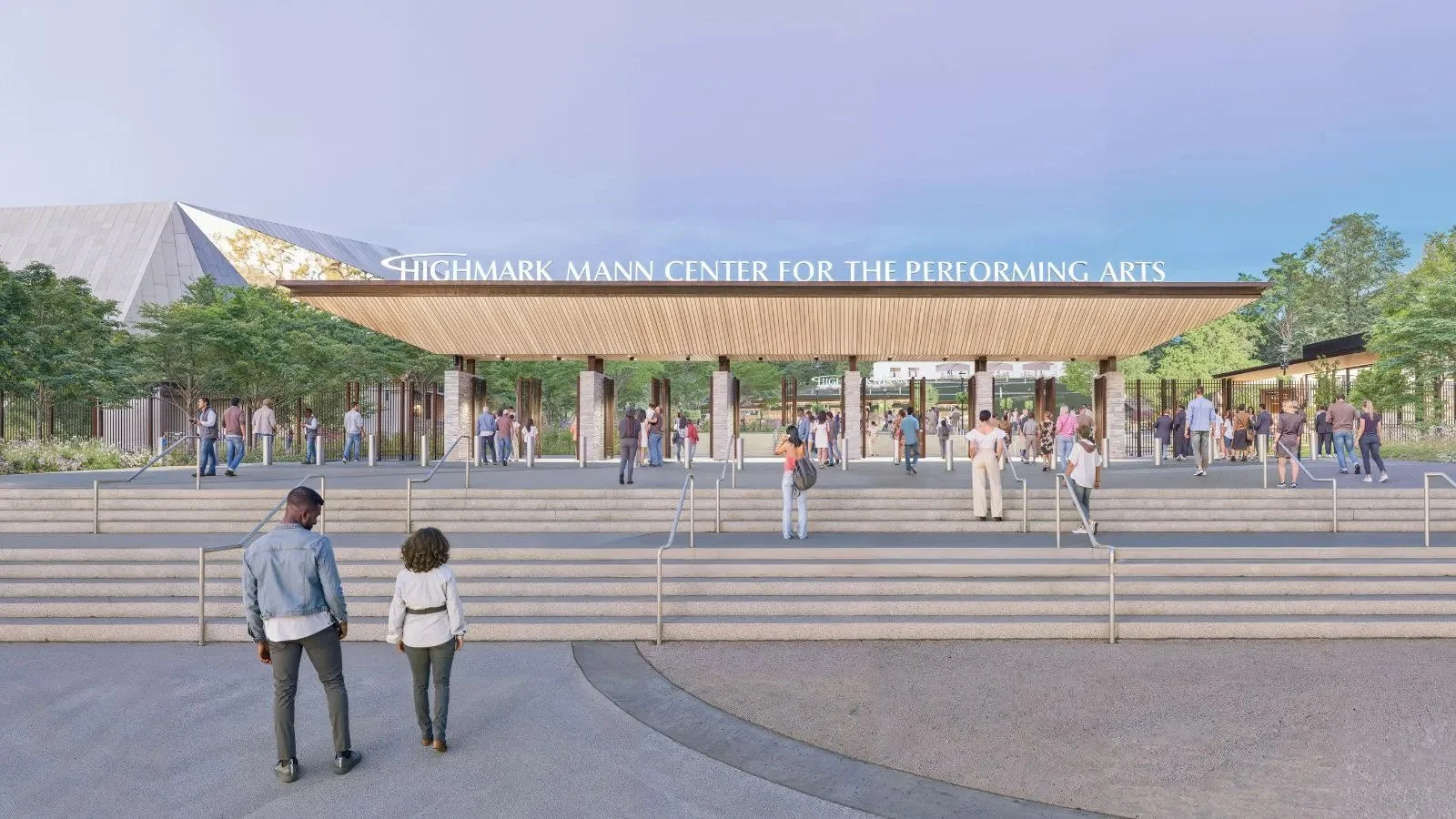 Rendering of the Highmark Mann Center for the Performing Arts entrance with steps and people walking