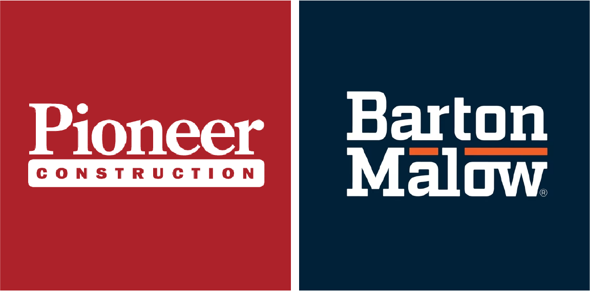Split screen image with Pioneer Construction logo on red background on the left and Barton Mallow logo on dark blue background on the right.