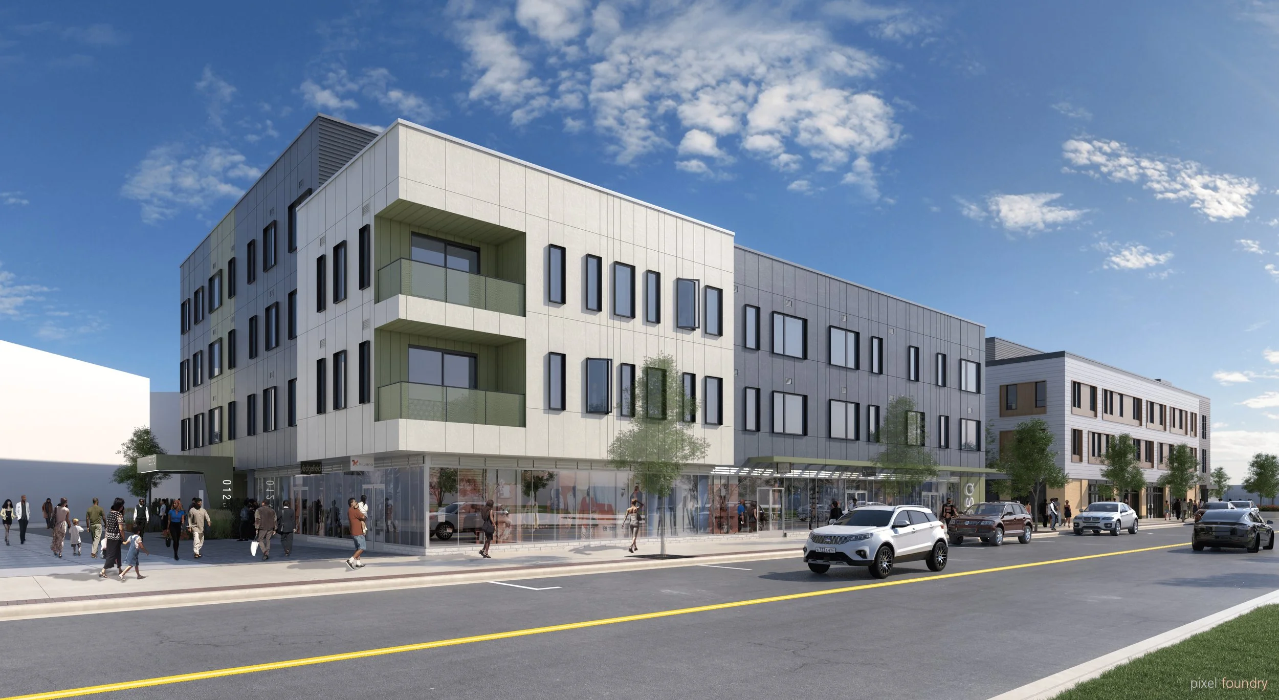 Modern multi-story mixed-use building with retail storefronts on the ground floor, located on a city street with cars and pedestrians, under a partly cloudy sky.