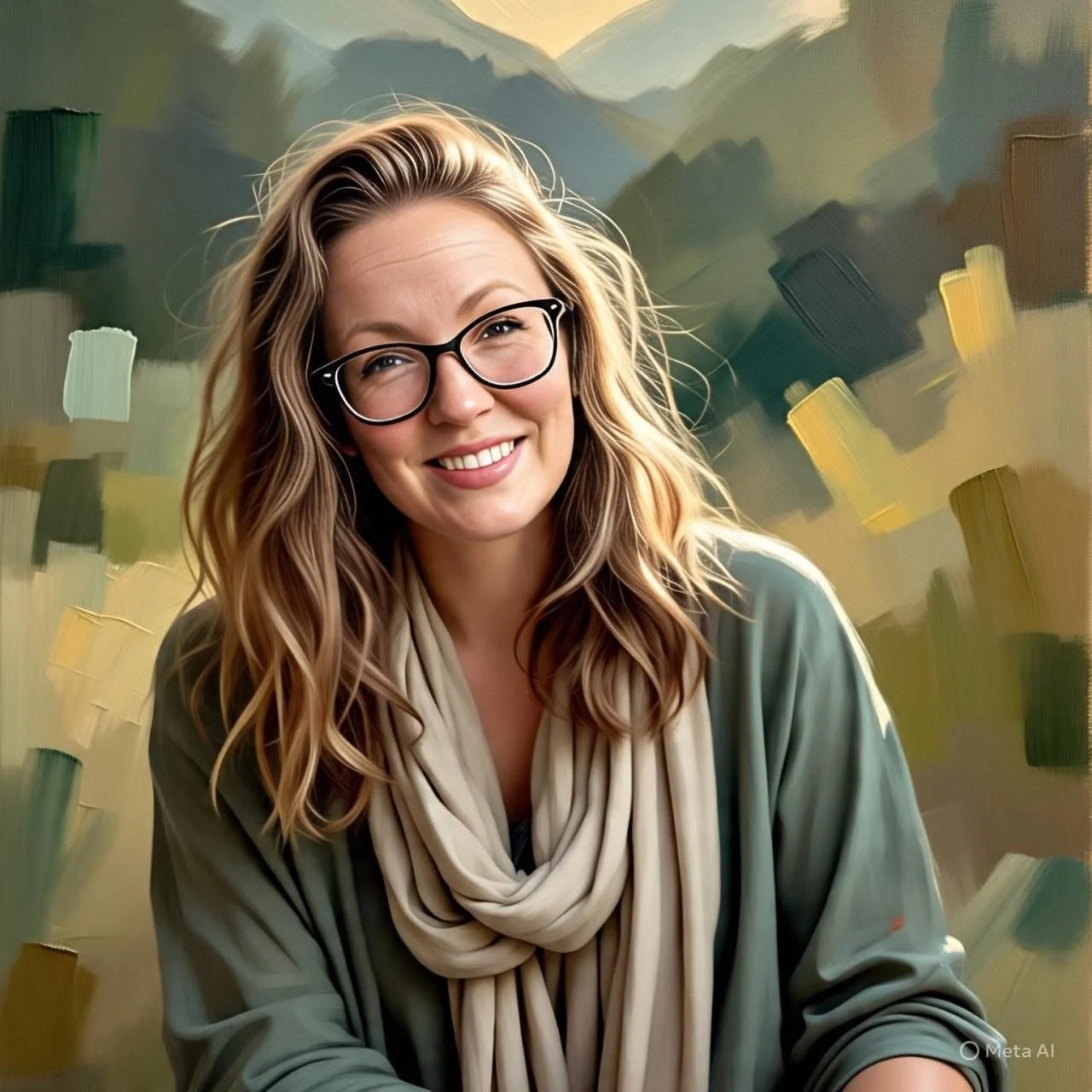 Dr. Allison Ilem is a therapist, aging expert, & innovative designer. She is a woman with wavy blonde hair, glasses, smiling, wearing a green top and cream scarf, against an abstract painted background.