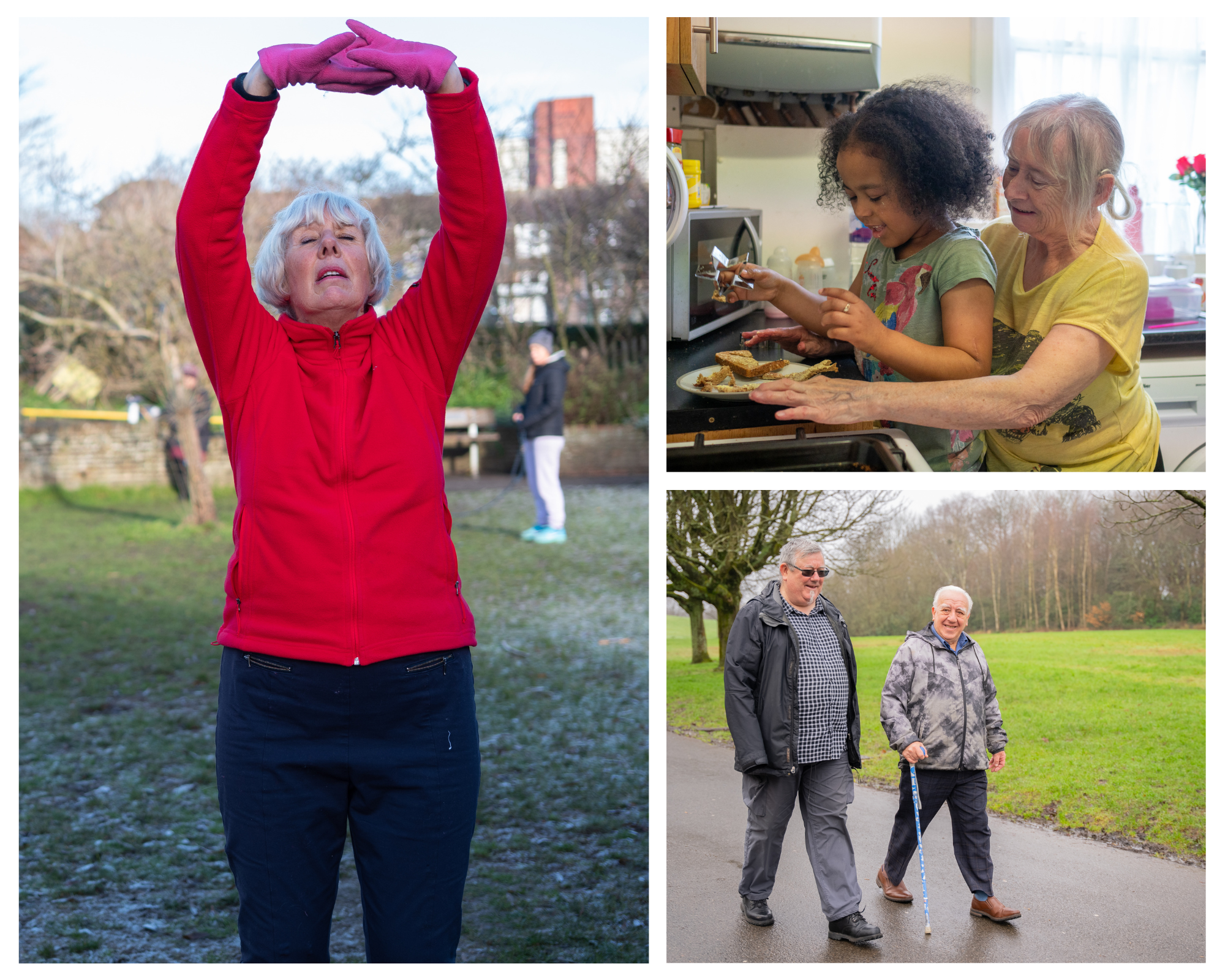 Collage of three images: an older adult woman stretching outdoors, a young girl and an aging woman baking together in a kitchen, and two elderly men walking in a park.