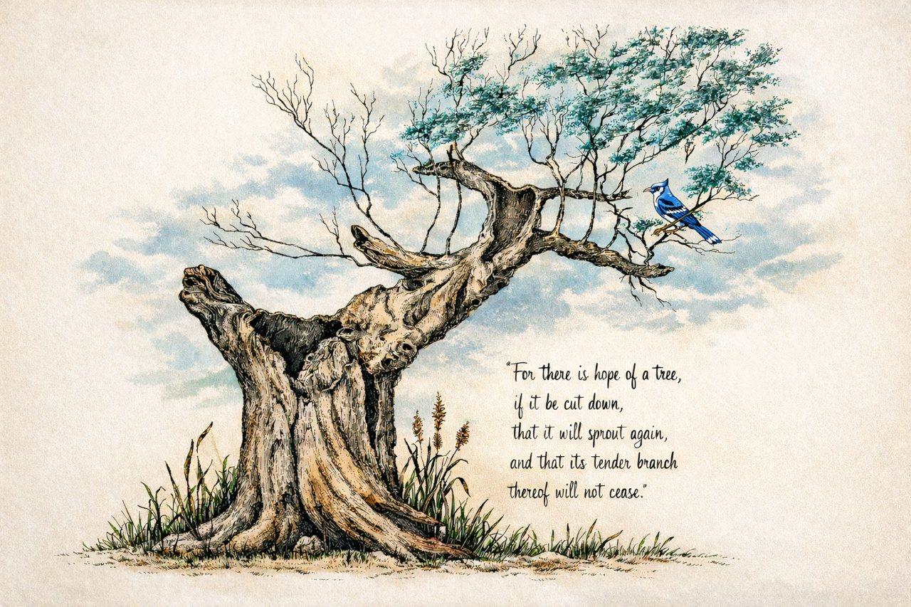 An illustration of an old tree with a blue bird sitting on a branch, accompanied by a quote about hope and resilience.