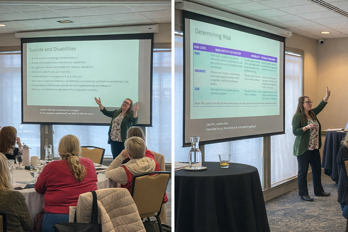 Dr. Allison Ilem giving a presentation on mental health topics to an audience in a conference room. The slides mention suicide, disabilities, and risk levels. The audience was social workers, and nurses, and medical providers.