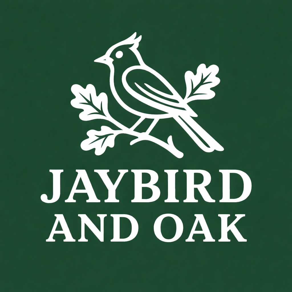 Logo with a white line drawing of a bird perched on oak branches on a dark green background. Text reads "JAYBIRD AND OAK."