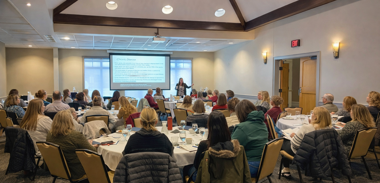 A large conference room filled with attendees sitting at round tables listening to a woman giving a presentation at the front. - this is Dr. Allison Ilem training healthcare providers.  A projection screen displays a slide on chronic disease.