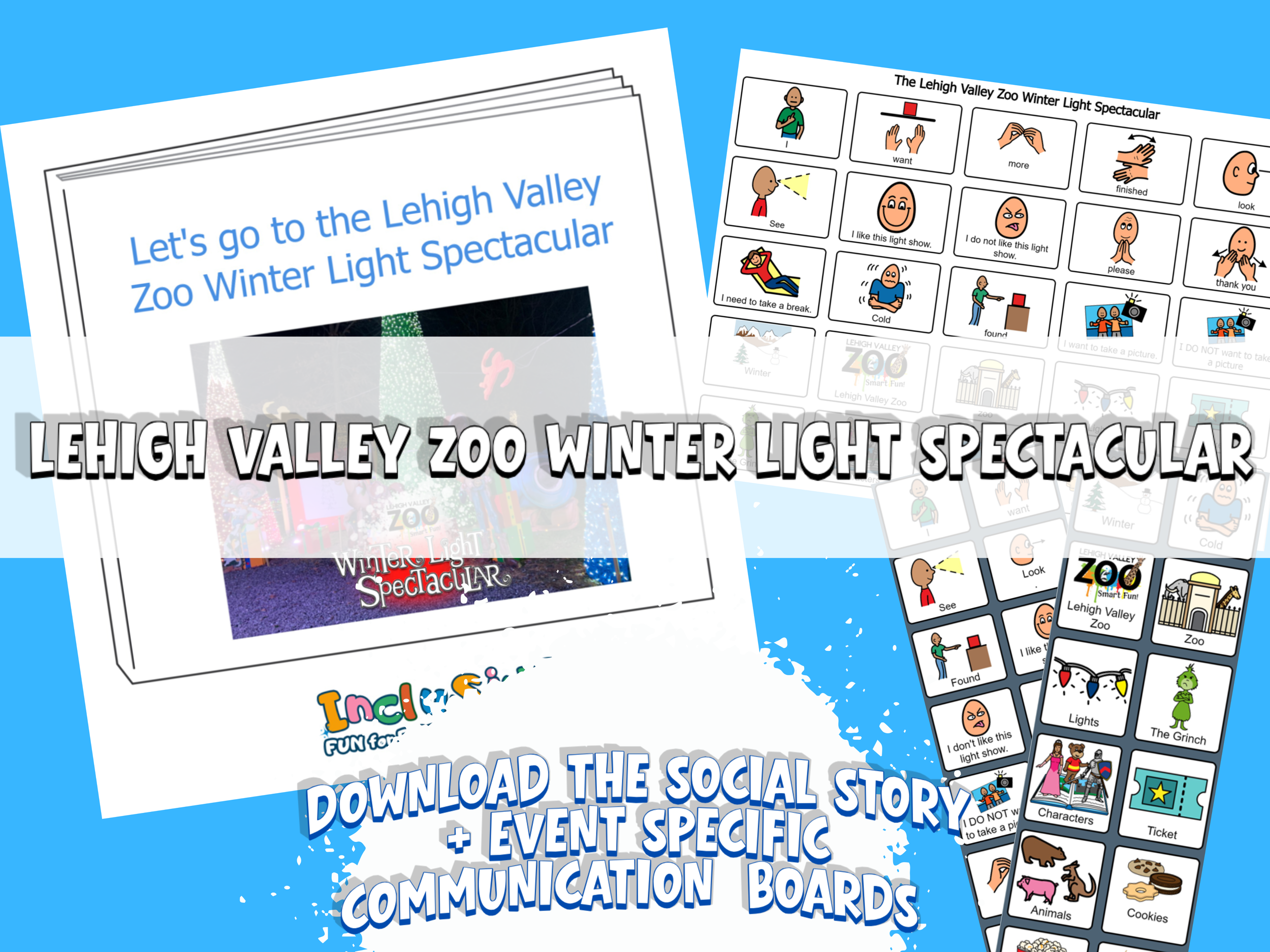 Promotional flyer for the Lehigh Valley Zoo Winter Light Spectacular, featuring images of social story and communication boards, a colorful zoo sign, and instructions to download event-specific communication boards.