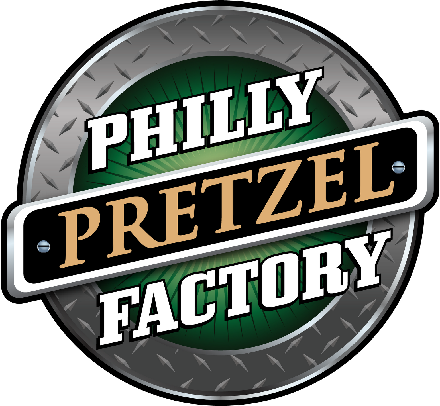 Logo for Philly Pretzel Factory featuring a circular metallic design with green, black, white, and beige colors, displaying the company's name.