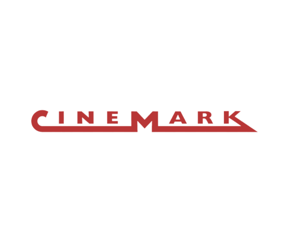 Cinemark logo with red letters and a line underneath on a black background.
