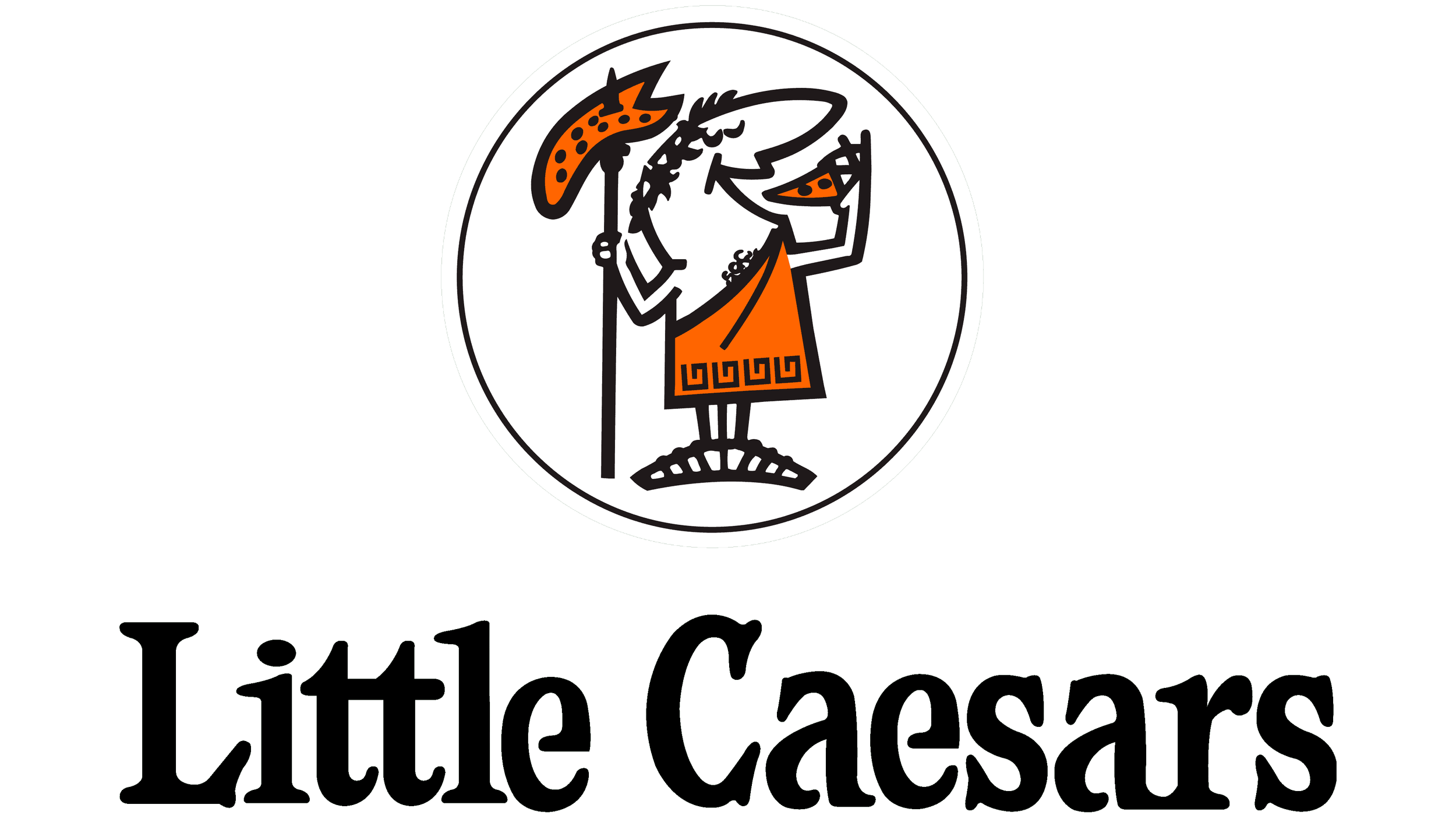 A logo featuring a cartoon medieval figure holding a staff with a dragon head, wearing an orange tunic with a Greek key pattern, and the text 'Little Caesars' beneath the image.
