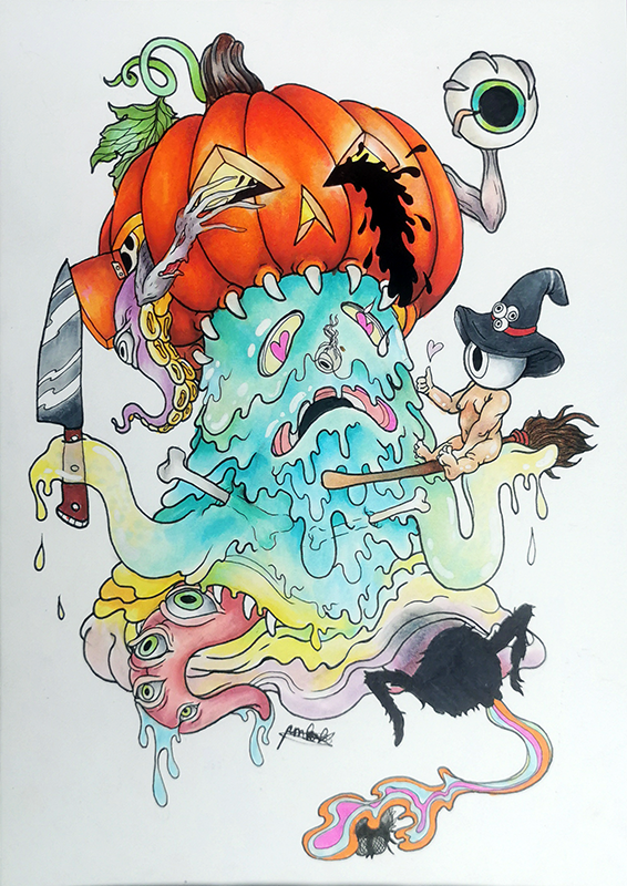 A surreal, colorful illustration featuring a pumpkin with a carved face, surrounded by various whimsical creatures such as a witch's hat-wearing creature, a dripping rainbow-tongued monster, a floating eye, and other fantastical elements.