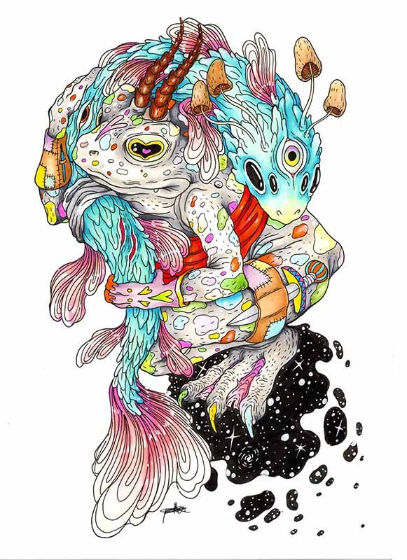 Colorful, cartoon-style creature with a mix of animal and fantasy features, sitting on a cosmic black space background with stars and planets.