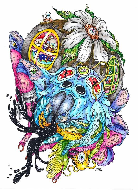 A colorful, surreal illustration featuring various animals and fantastical elements, including a whale, a fish, a bird, a flower with an eye, and abstract shapes.