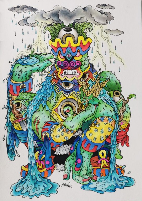 Colorful, fantastical creature with multiple eyes, limbs, and a mix of human, animal, and mythical features, surrounded by rain clouds and lightning.