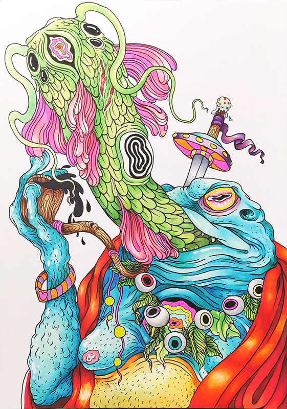 Colorful, surreal illustration of a monster with a snake-like green body, pink hair, multiple eyes, and an open mouth, holding a log with blue flowing water, surrounded by eyeball-like flowers and whimsical objects.