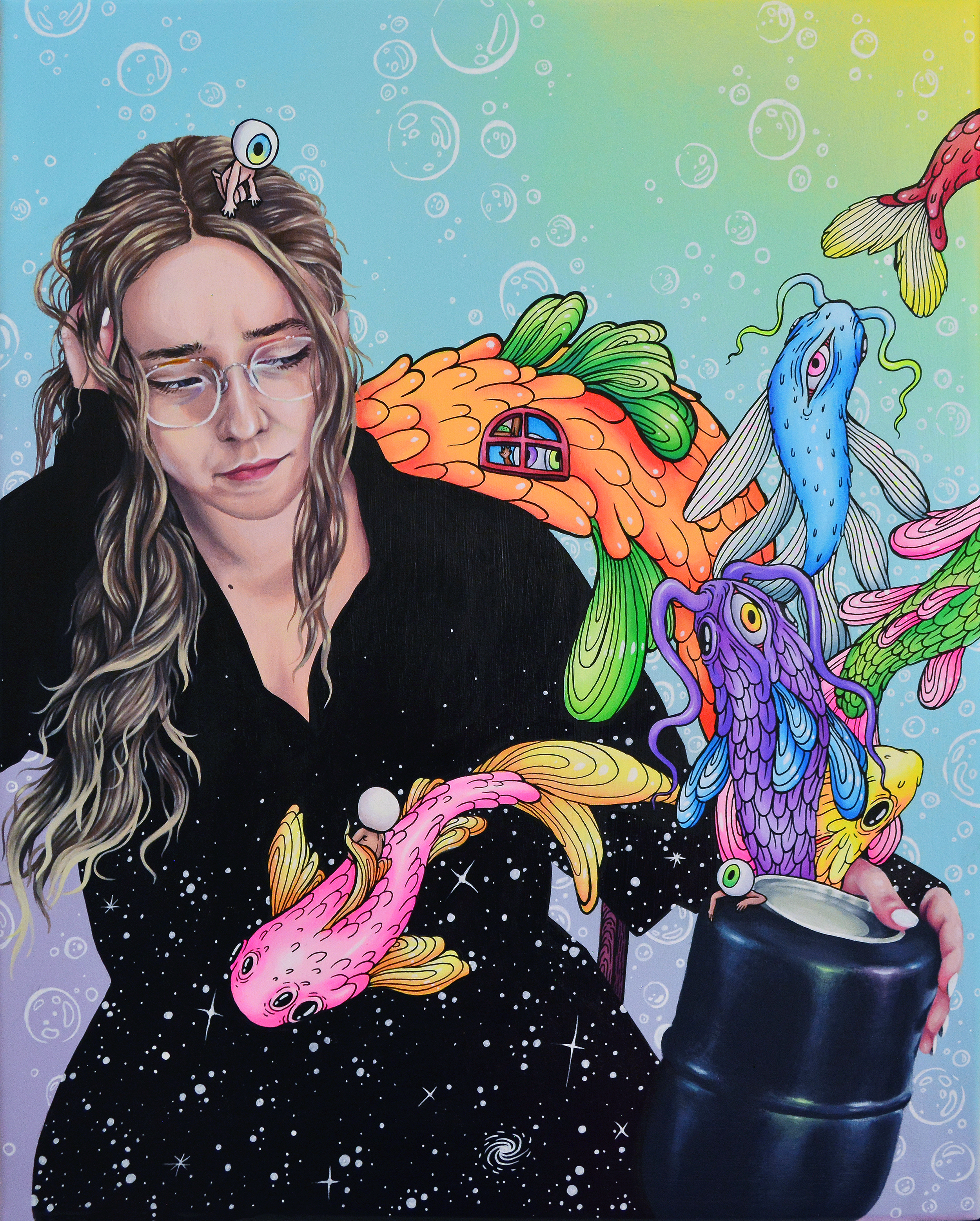 A woman with long wavy hair and glasses looks down, surrounded by colorful, surreal cartoon fishes in a vibrant underwater scene.