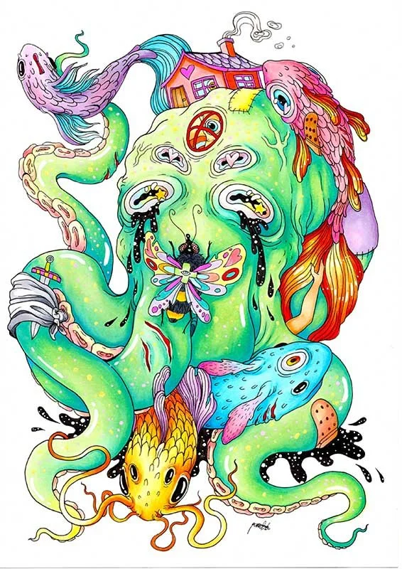 A colorful, surreal illustration combining various elements such as a fish, octopus, house, butterfly, and other whimsical creatures, all intertwined in a vibrant, fantasy-like scene.