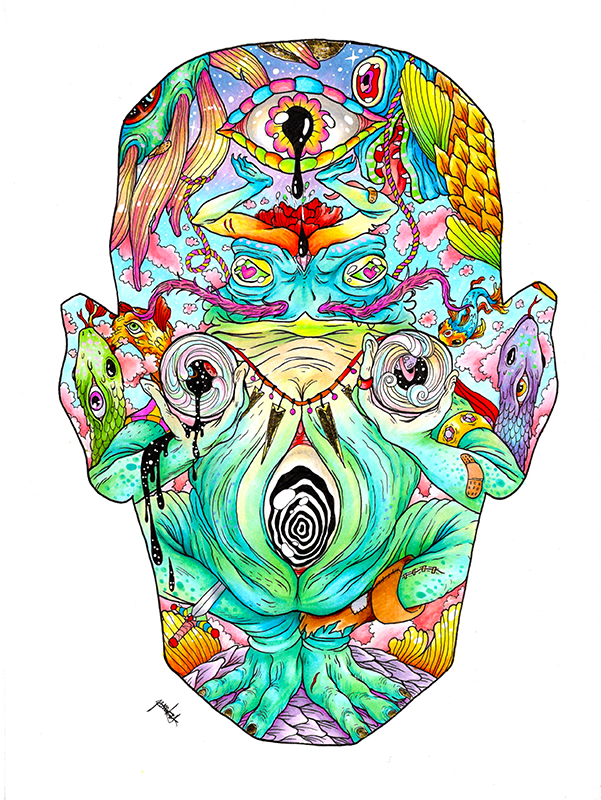 Colorful surreal illustration of a mask with various fantastical and psychedelic elements, including eyes, faces, and abstract shapes.