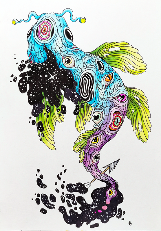 Colorful abstract fish with multiple eyes, extending fins, and a long curly tail, with black ink splashes.