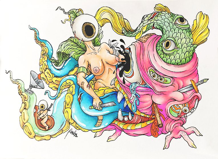 Colorful surreal artwork featuring a half-naked woman with yellow hair surrounded by abstract and fantastical creature elements, including large eyes, tentacles, and vibrant shapes.