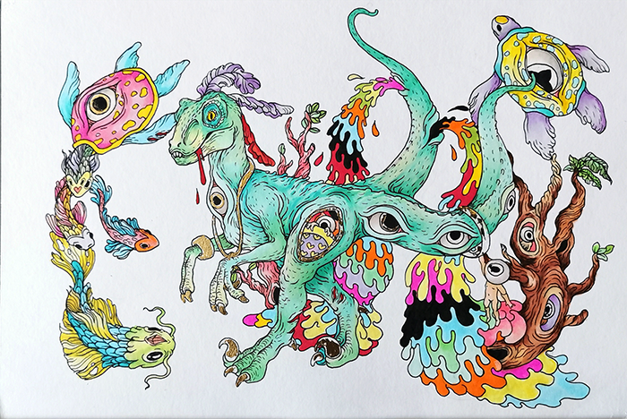 Colorful, surreal drawing of a multi-headed creature with various animal features. It includes a three-eyed dinosaur, fish, octopus, and tree-like elements, with bright, dripping paint patterns and expressive details.