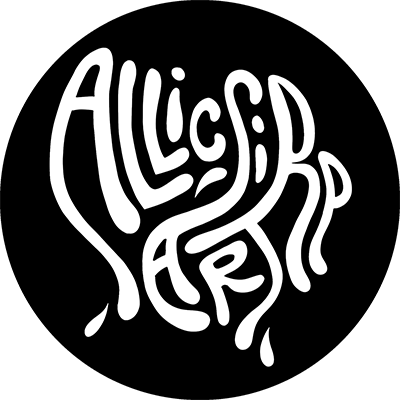 Stylized black and white logo with the words "Alice in Arabia" arranged with wavy, flowing lines.