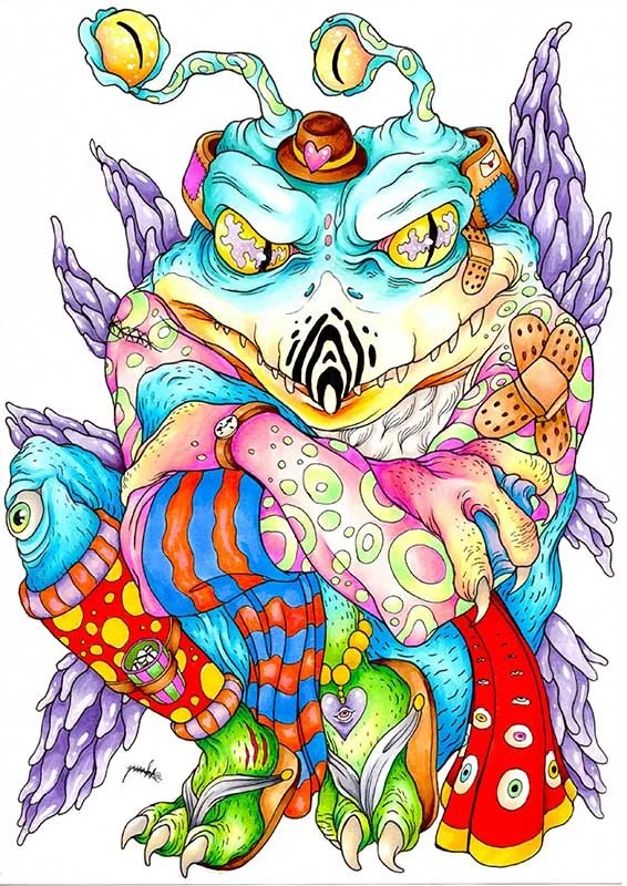 A colorful, fantastical creature with a dragon-like body, multiple eyes, and various appendages. The creature is decorated with patterns and accessories, including hats, bandages, and jewelry, set against a plain background.