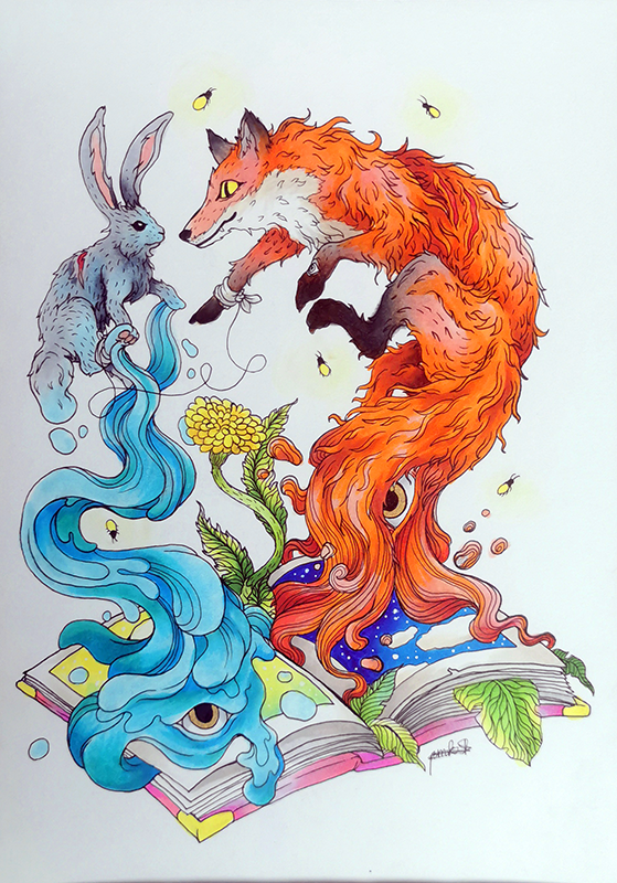 Colorful illustration of a fox and a rabbit emerging from an open book with flowing blue water and yellow flowers, surrounded by flying bees.
