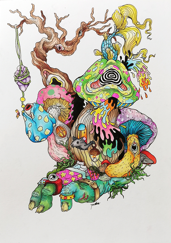 A colorful, surreal illustration featuring whimsical mushrooms, a twisted tree branch, a slime creature with a camera, a mouse, and various abstract, vibrant patterns and shapes.