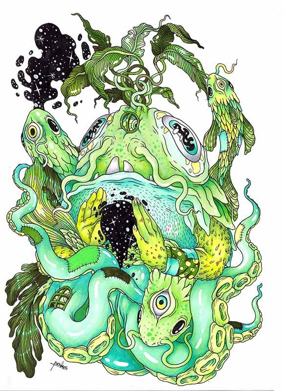 A surreal, colorful illustration of a creature with multiple animal features, including fish, octopus, and plant-like elements, blending into a fantastical entity with cosmic and starry details.
