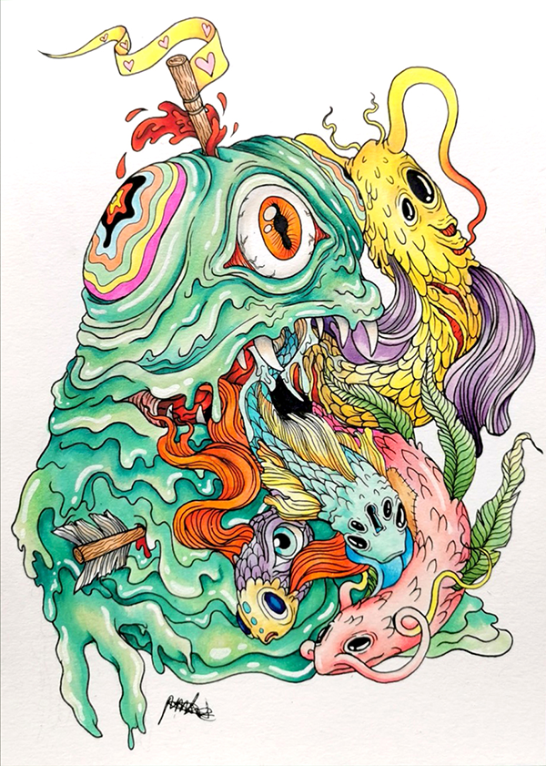 Colorful, abstract illustration of a monstrous creature with a large eye, sharp teeth, and various whimsical, fish-like and monster features, including a yellow tentacle with a face, swirling tendrils, and mixed vibrant patterns.