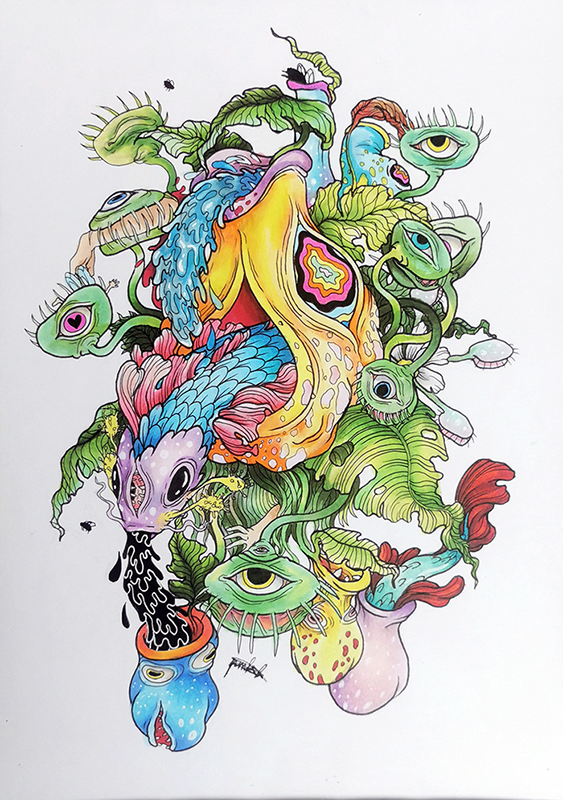 Colorful abstract illustration featuring multiple eyes, plant-like shapes, and surreal creatures intertwined with vibrant patterns and textures.