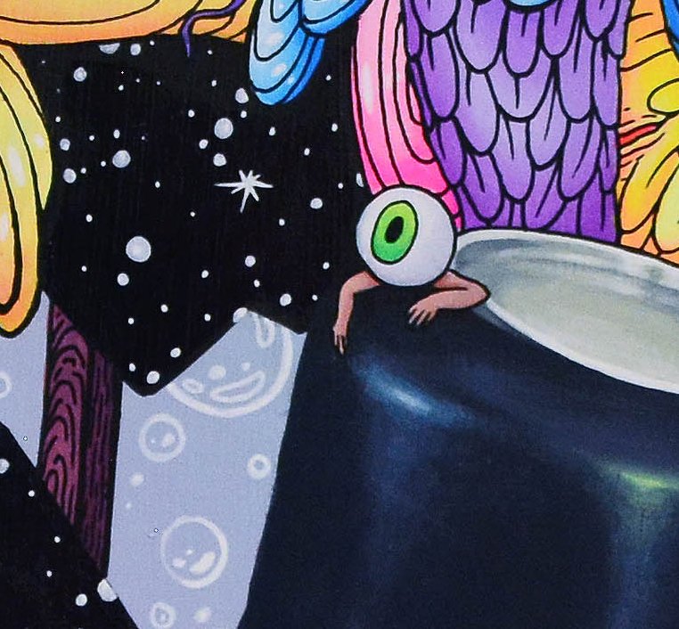 A cartoon character with a large green eye and pale skin leaning on a dark surface, surrounded by colorful abstract background and starry space elements.
