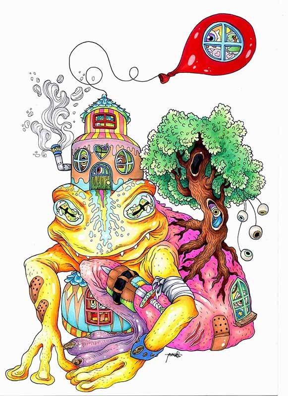 Colorful illustration of a large, anthropomorphic frog with a house on its back, a tree growing on the rock it sits on, and a red balloon with a window floating nearby.