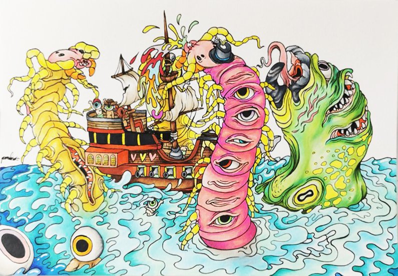Colorful illustration of a ship with fantastical creatures, including a yellow scorpion, multicolored snakes with eyes, and a green monster with multiple eyes and a wide mouth, floating on water.