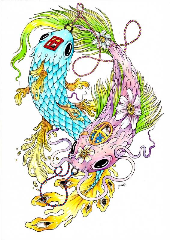 Colorful fantasy fish with flowers, beads, and swirling details.