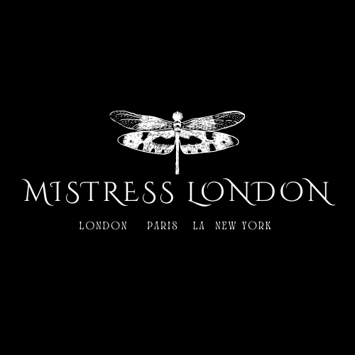 Black background with a white dragonfly illustration above the text 'Mistress London' and the cities 'London, Paris, LA, New York'.