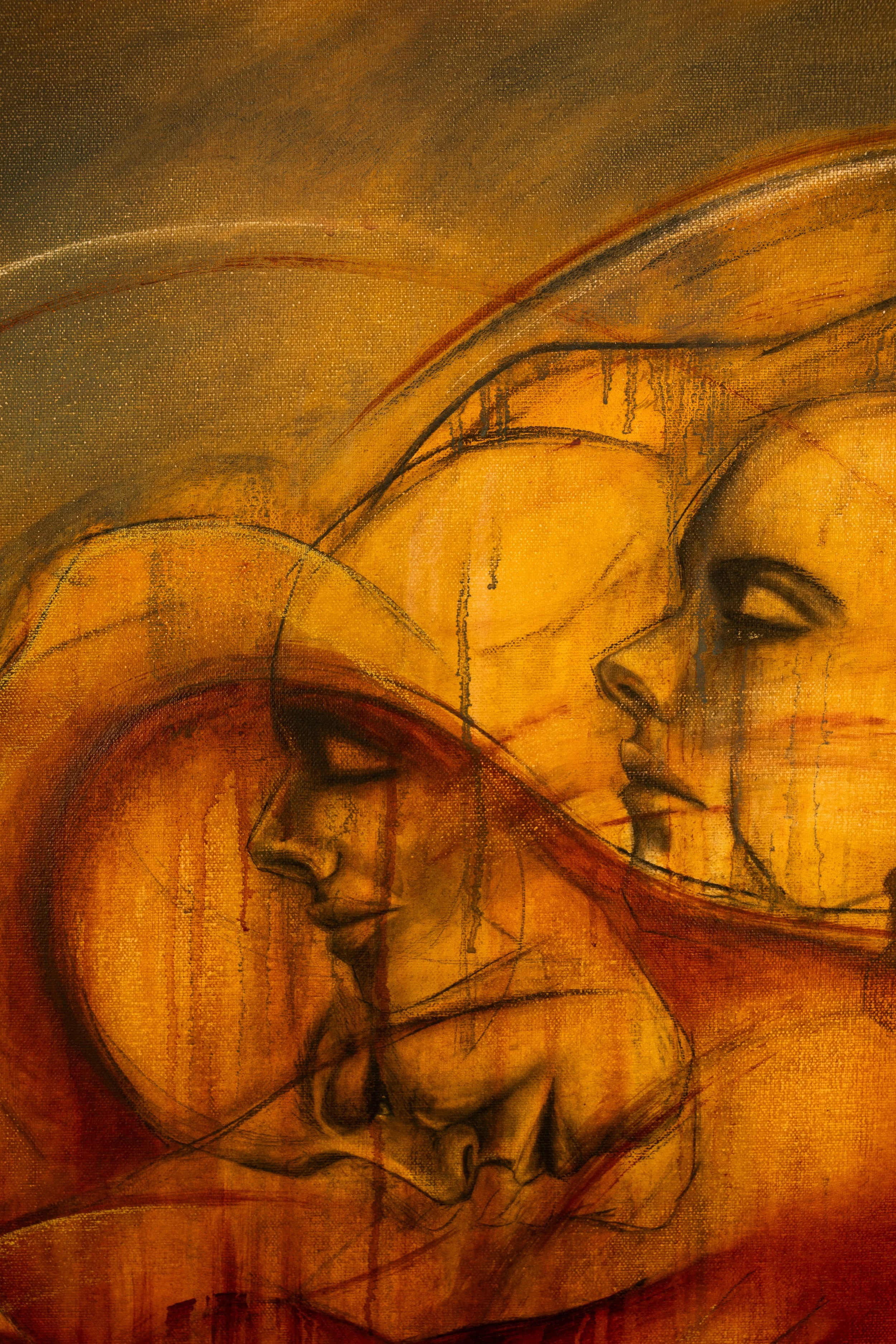 Abstract painting of two faces, one with eyes closed, in warm yellow, orange, and brown tones.