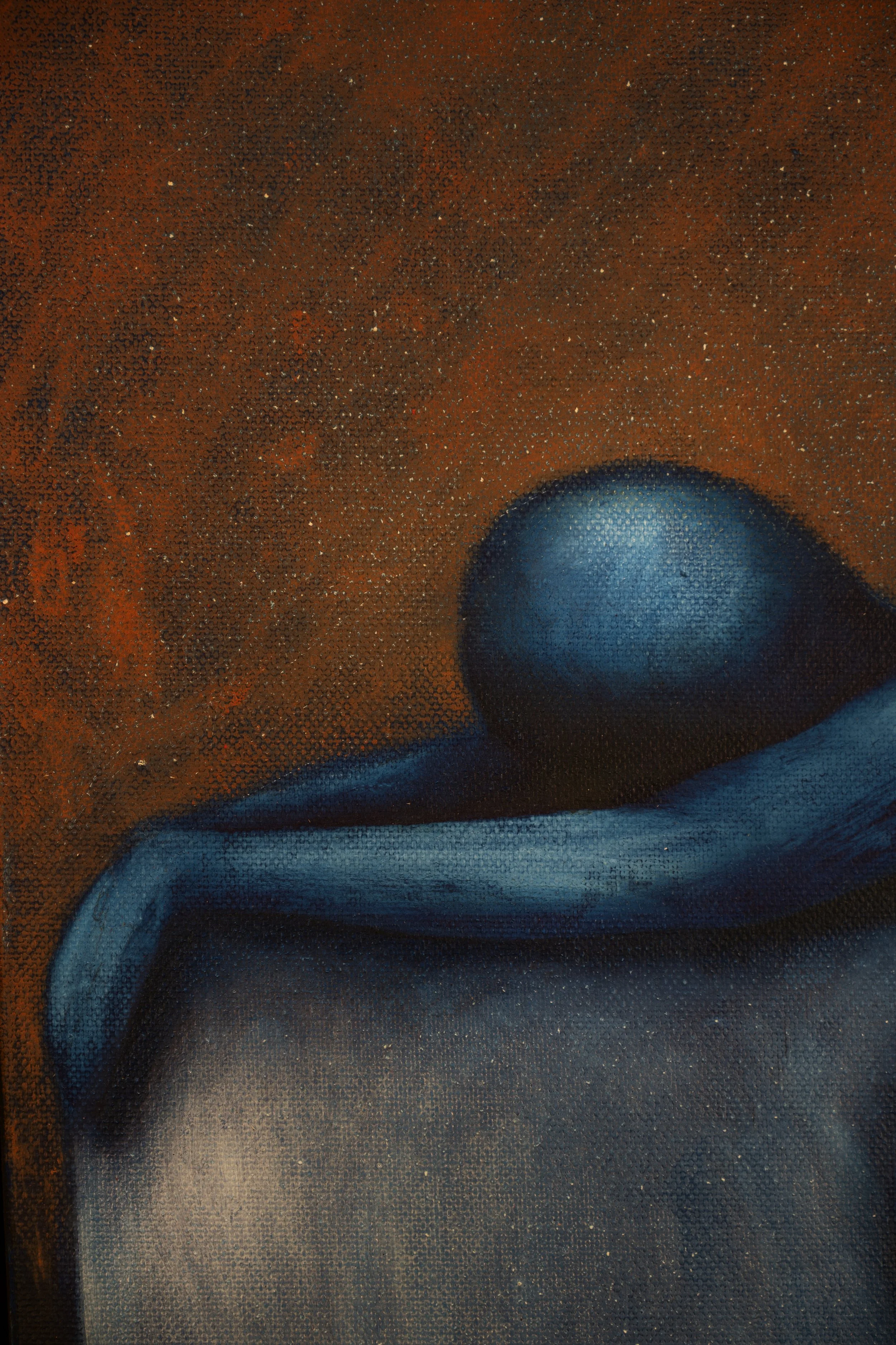 Close-up of a dark blue humanoid figure resting its head on a graying surface, with a textured, rusty orange background.