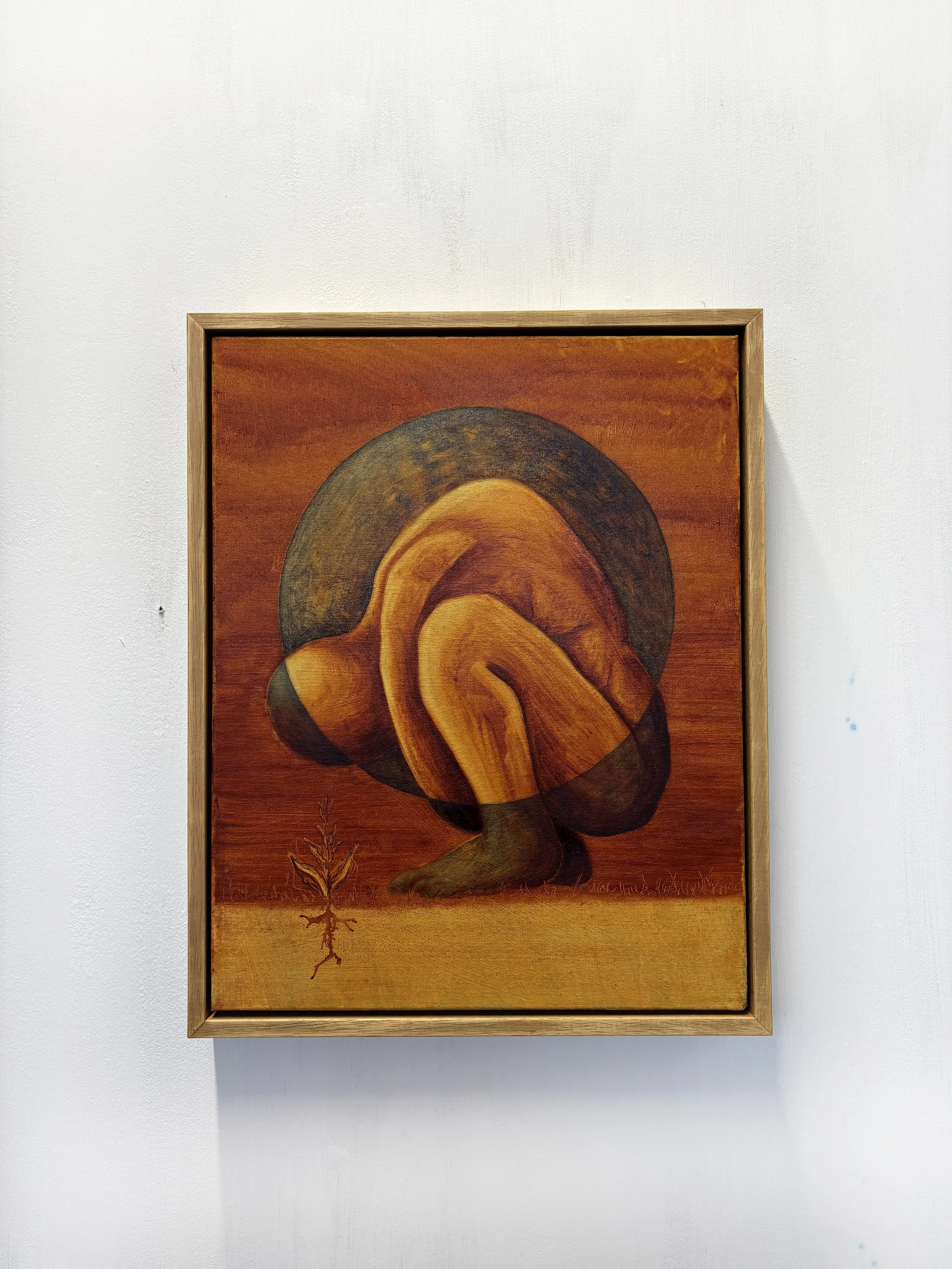Surreal painting of a figure with an animal-like body and large head, kneeling on the ground. The background and color palette are warm, with earthy tones and a small plant in the foreground.