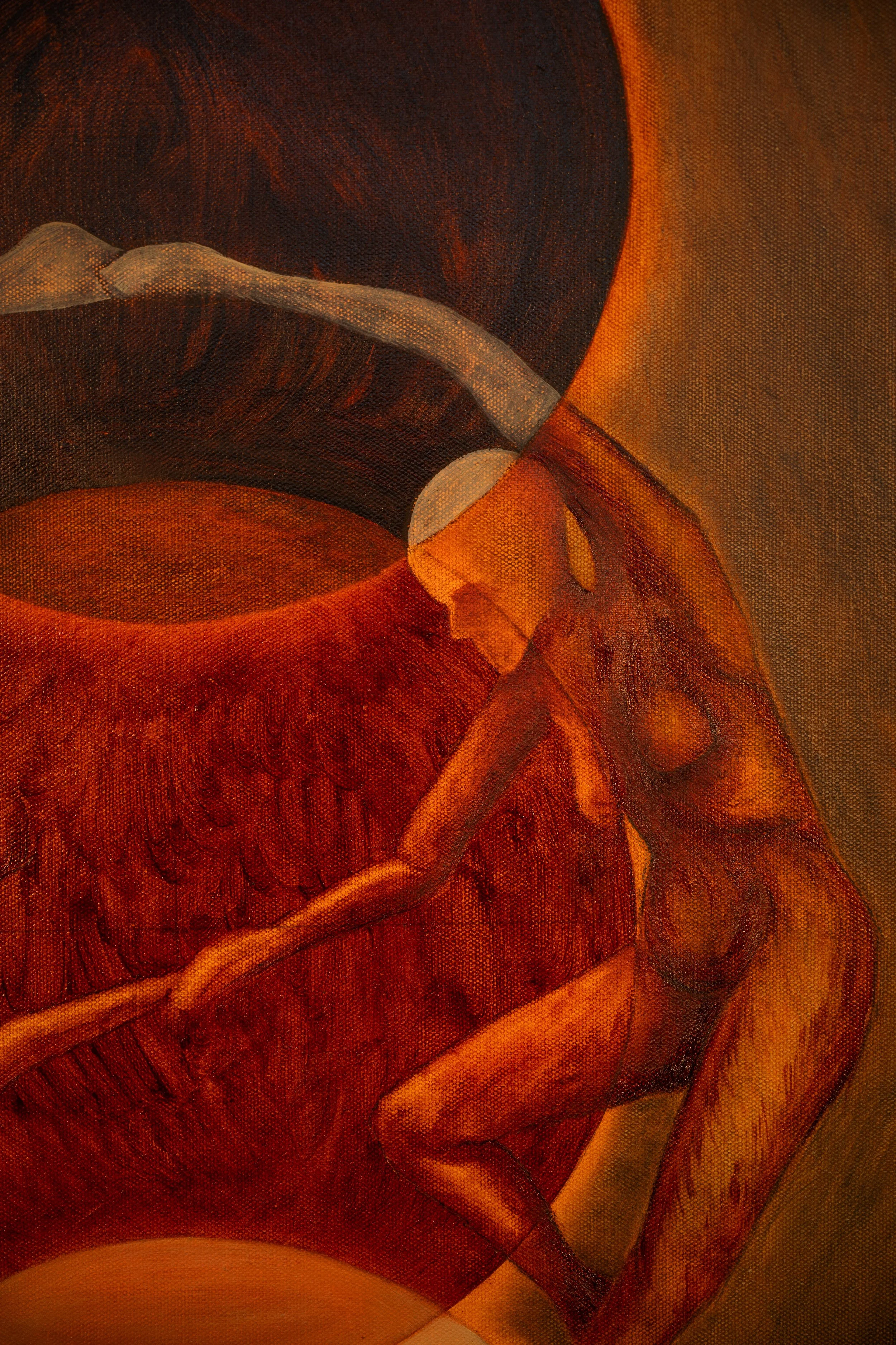 A surreal painting featuring a nude woman with long hair, leaning on a large faceless head with a steaming cup in the background. The scene is dominated by warm, earthy tones.