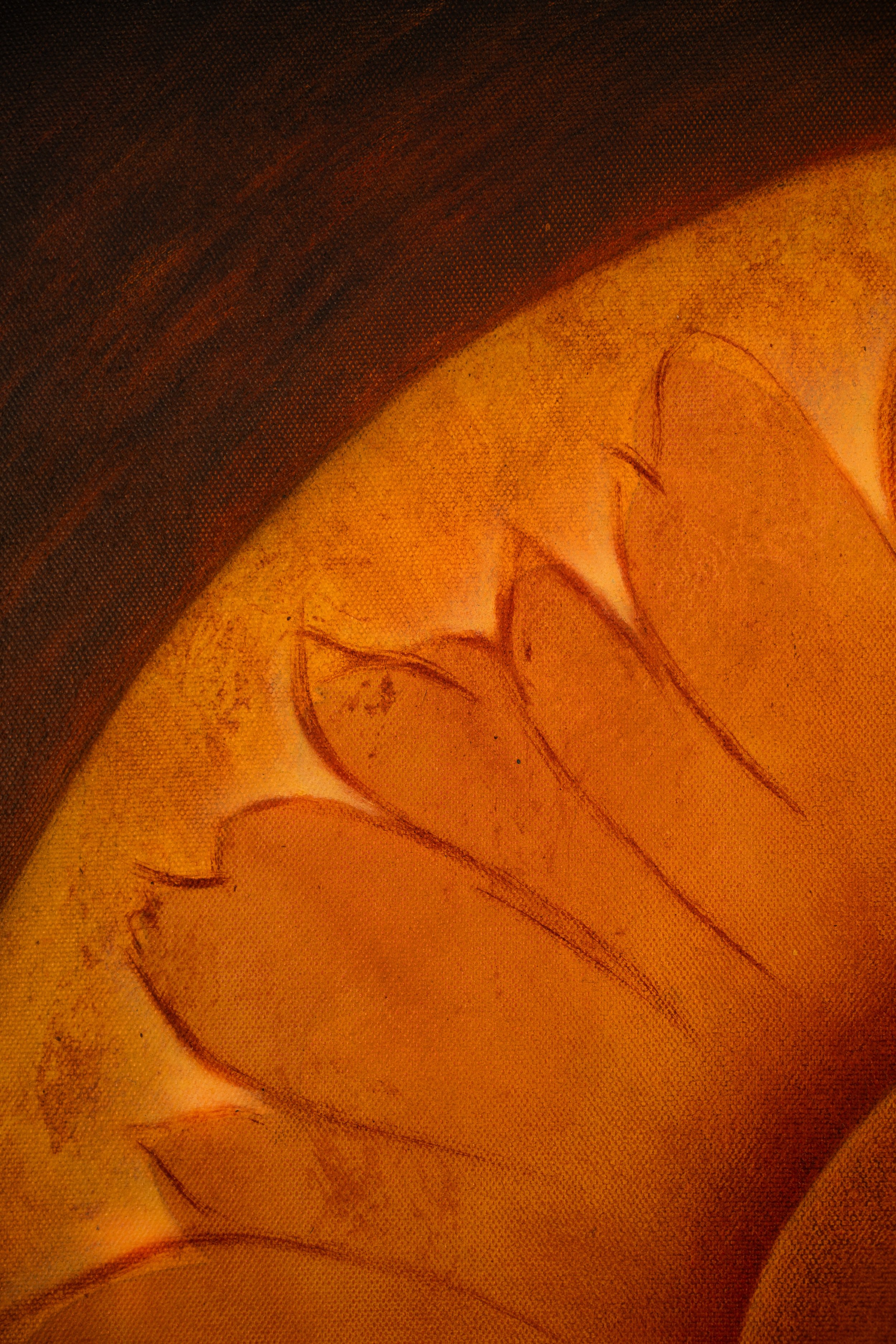 Close-up of pumpkin skin showing carved section with visible texture and shadows.