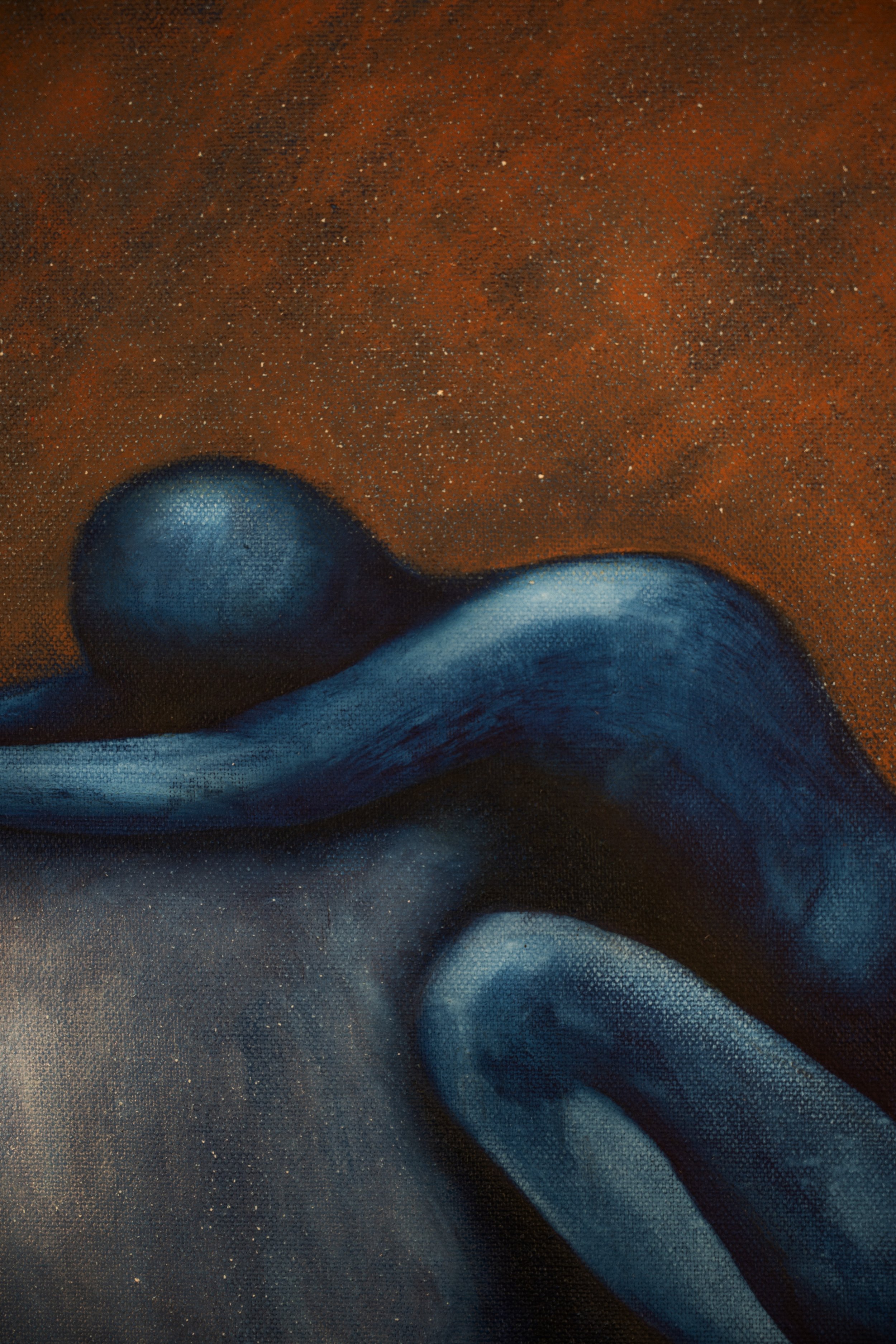 A painting of a minimalistic, blue-tinted abstract human figure in a curled, resting pose against a dark, textured background.