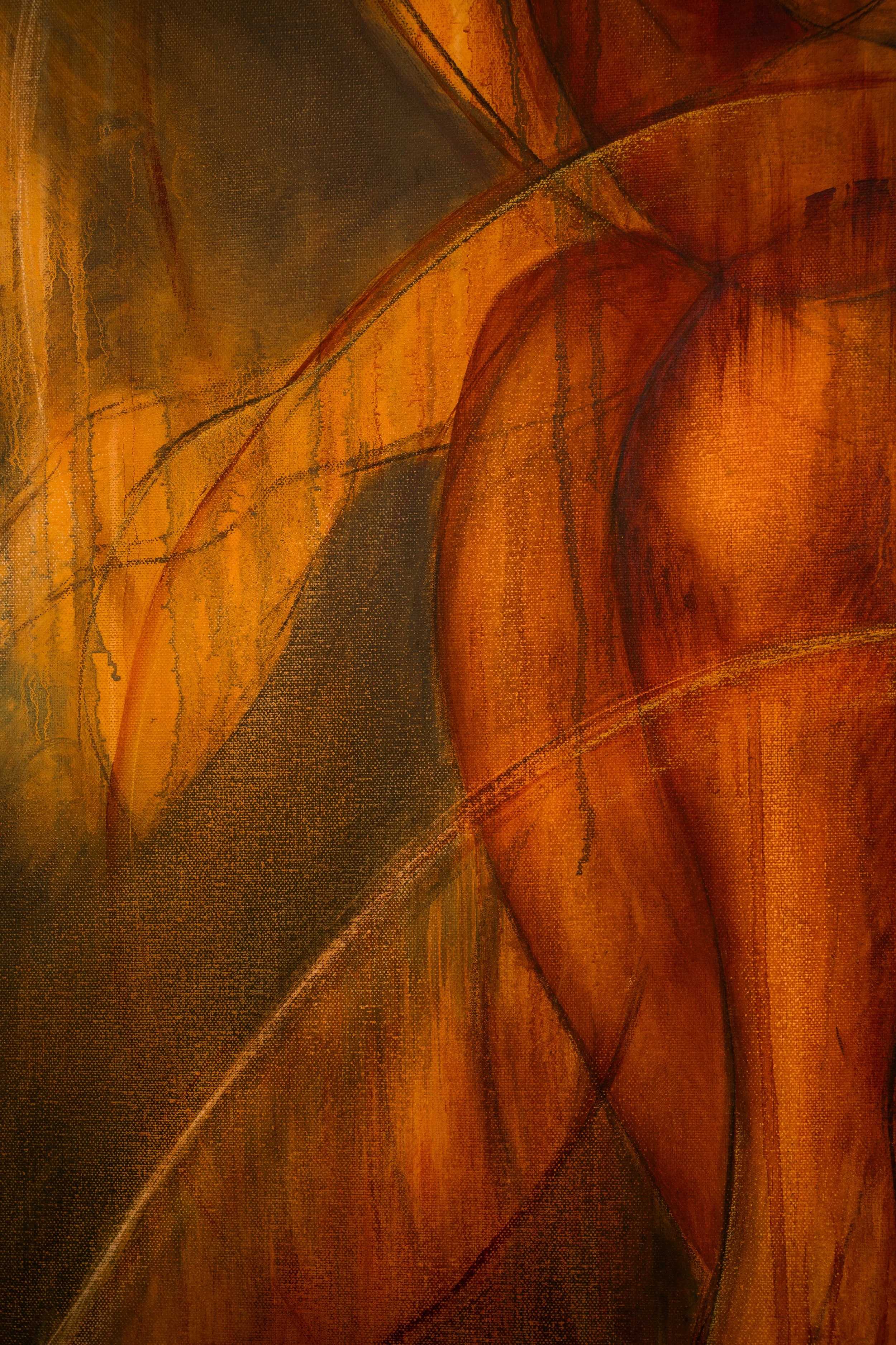 Close-up of an abstract painting with warm earthy tones, curved lines, and textured details.