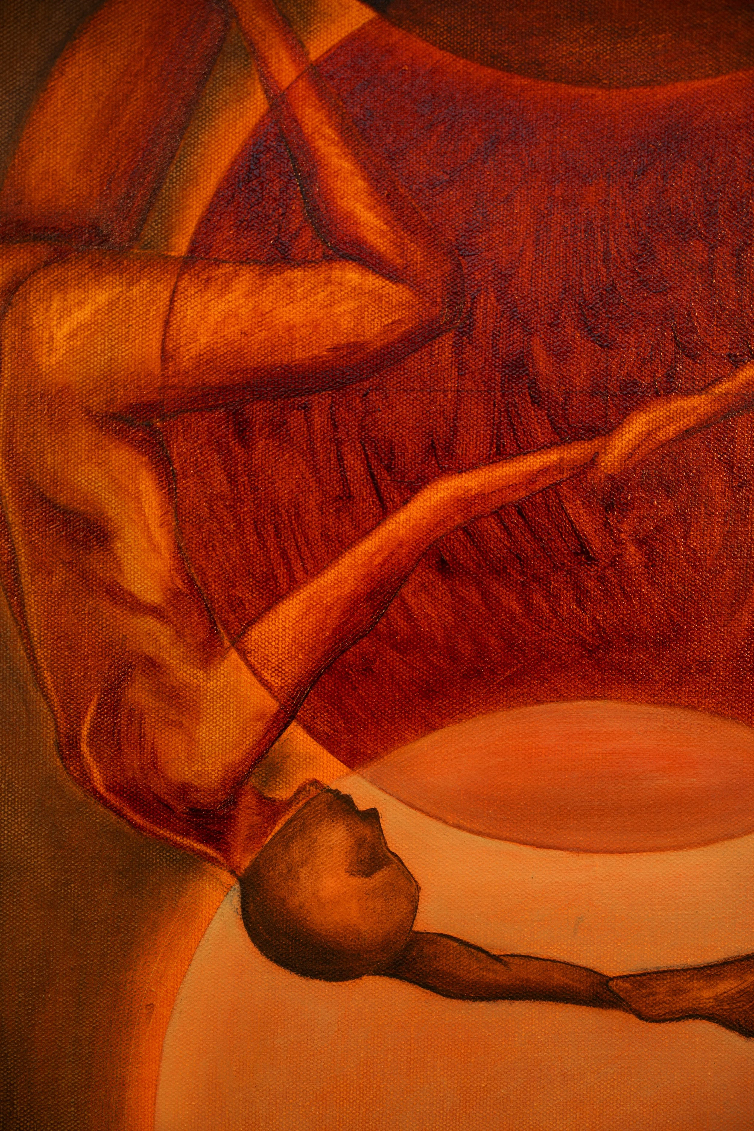 Close-up of a painting featuring warm tones, abstract representation of organic forms and textures with curved lines and blends of orange, red, and brown colors.