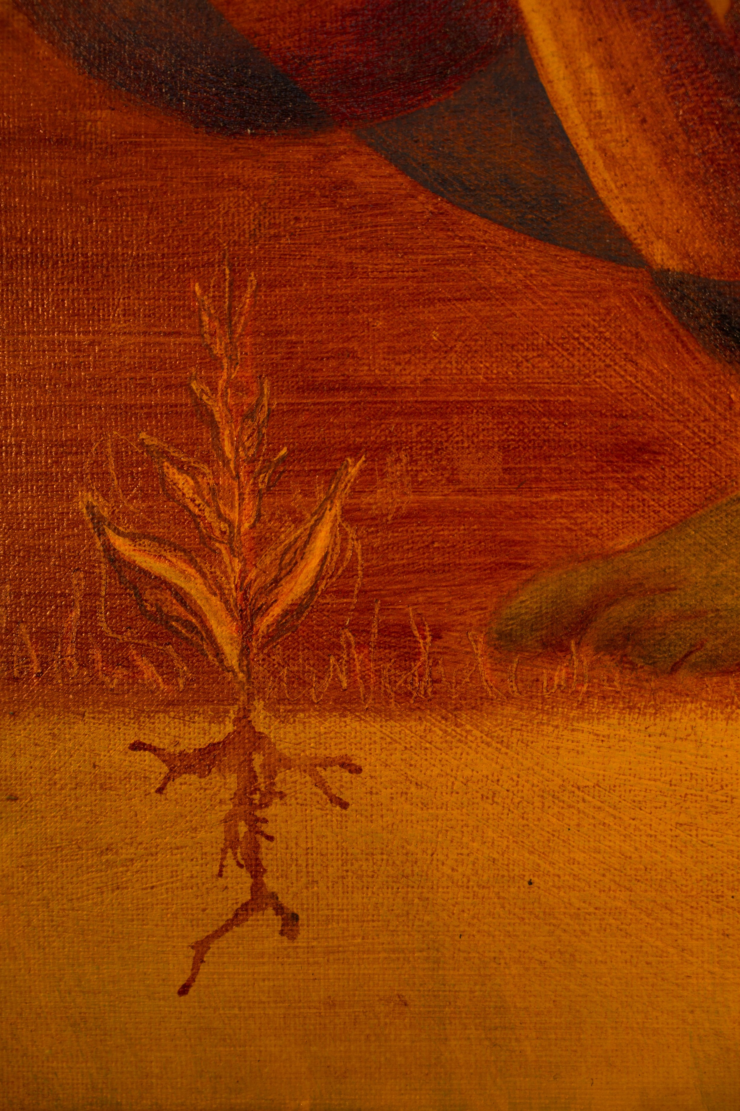 Close-up of a painting with warm, earthy tones, featuring a leaf or plant pattern and textured brushstrokes.