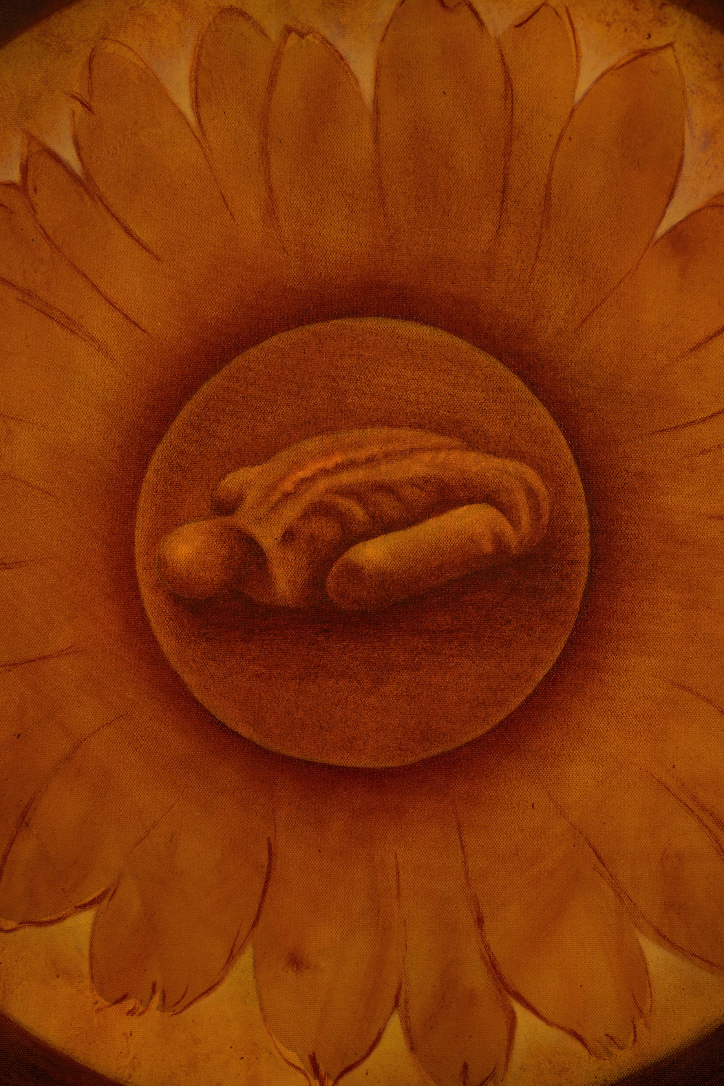 A carved pumpkin with a face in the center, surrounded by petals or leaves, illuminated with an orange glow.